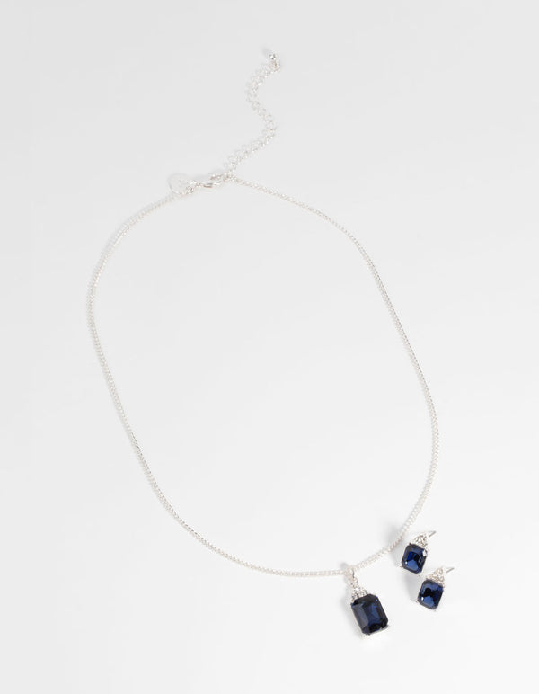 Silver Rectangular Diamante Necklace and Earring Set