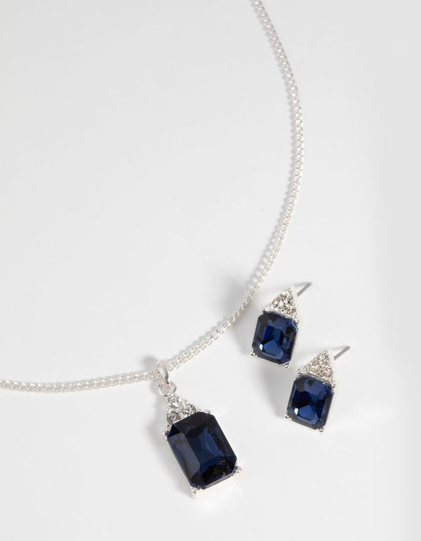 Silver Rectangular Diamante Necklace and Earring Set