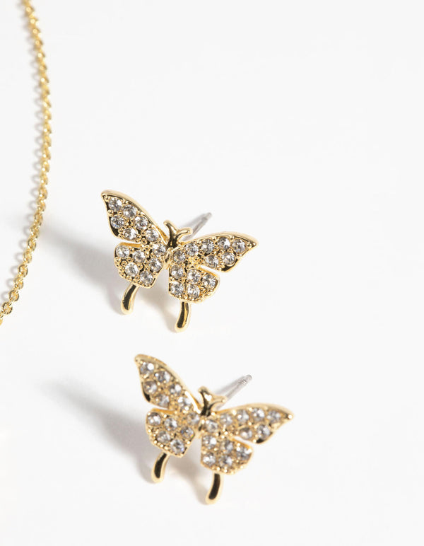 Gold Cubic Zirconia Butterfly Necklace and Earring Set