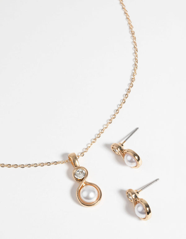 Gold Twisted Pearl Necklace and Earring Set