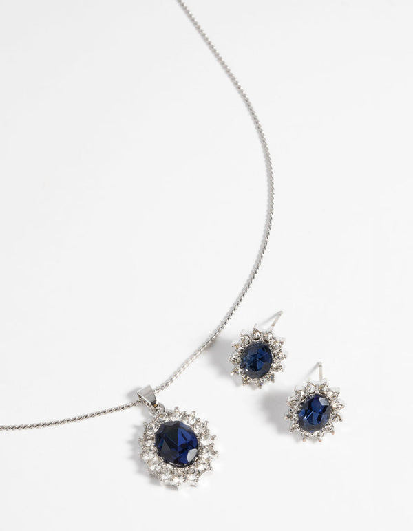 Rhodium Oval Diamante Necklace and Earring Set