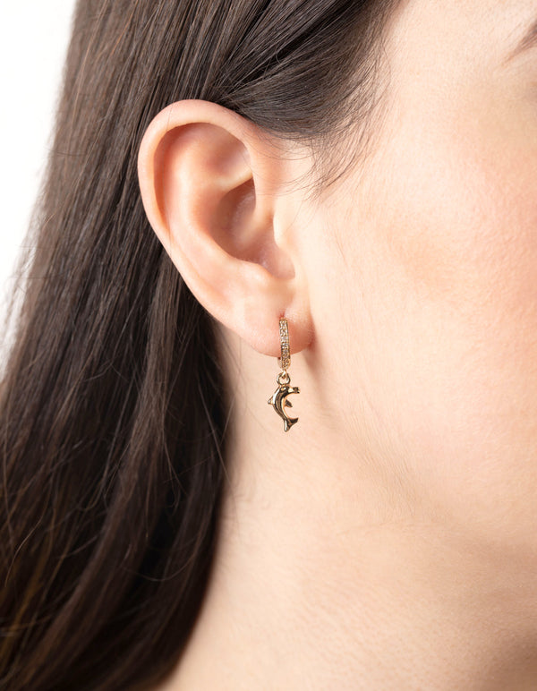 Gold Cubic Zirconia Dolphin Huggie Earrings