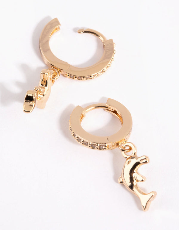 Gold Cubic Zirconia Dolphin Huggie Earrings