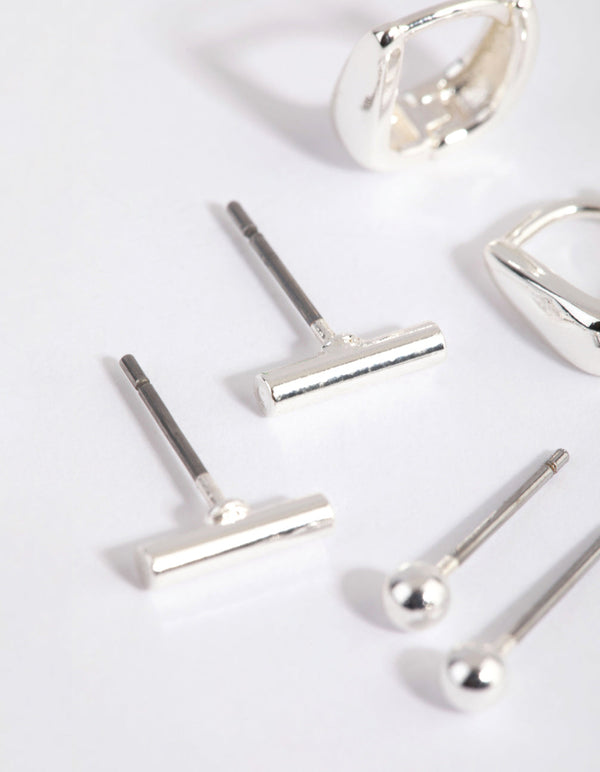 Silver Geometric Stud and Huggie Earring Pack