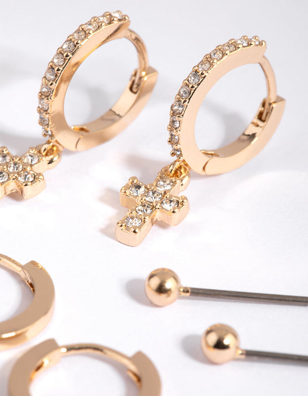 Gold Plain and Diamante Cross Earring Pack
