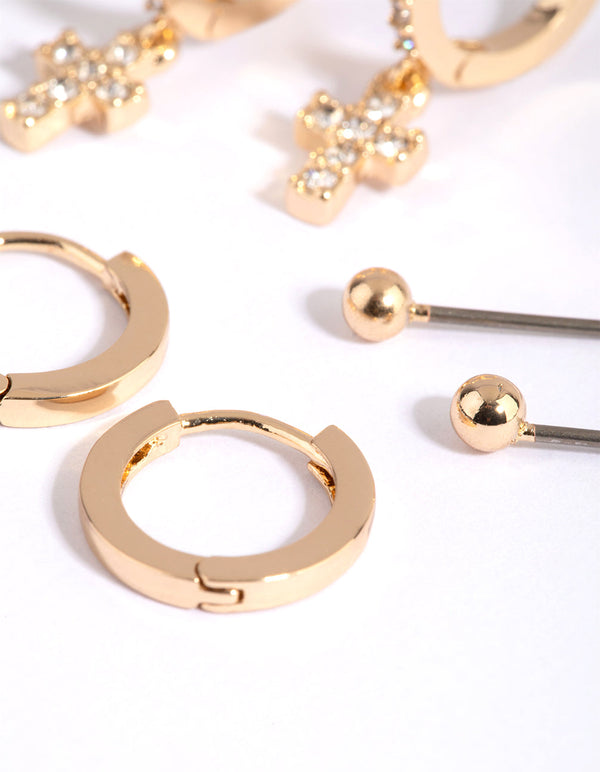 Gold Plain and Diamante Cross Earring Pack