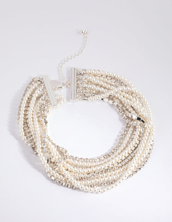 Silver Cup Chain Pearl Choker Necklace