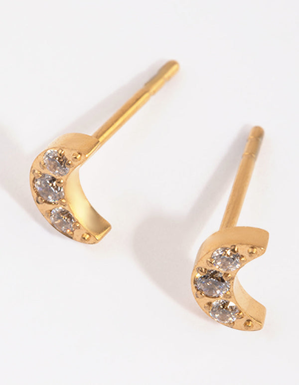 Gold-Plated Crescent Moon Studs with Diamantes