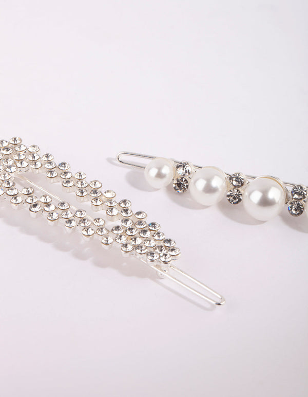 Silver Diamante and Pearl Clip Set