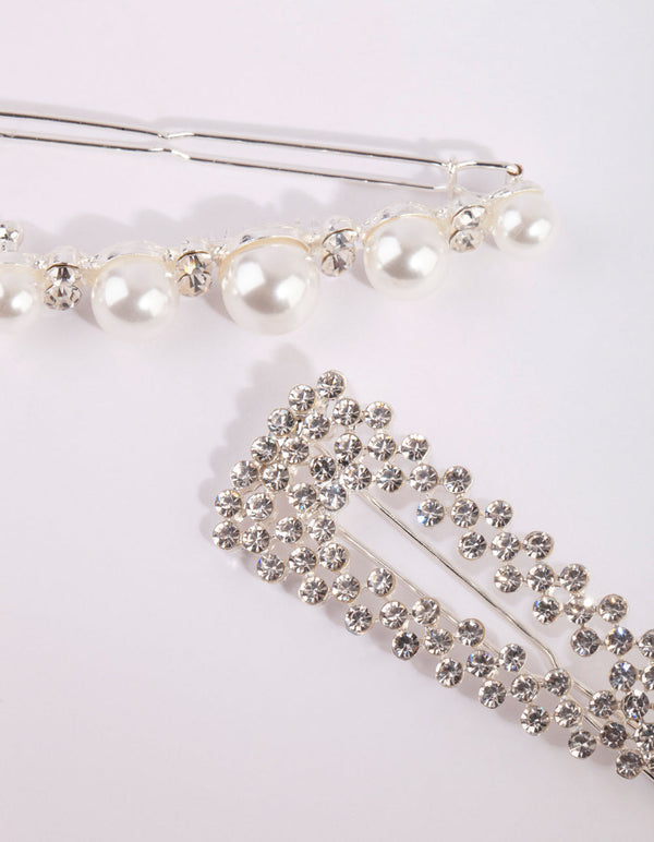 Silver Diamante and Pearl Clip Set