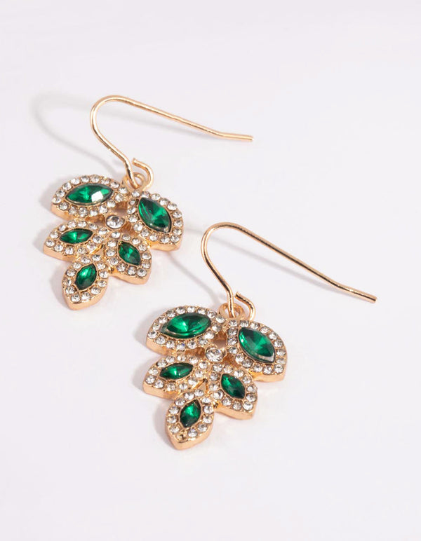 Green Diamante and Leaf Drop Earrings