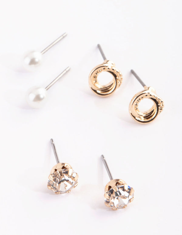 Gold Pearl and Diamante Stud Earring Pack