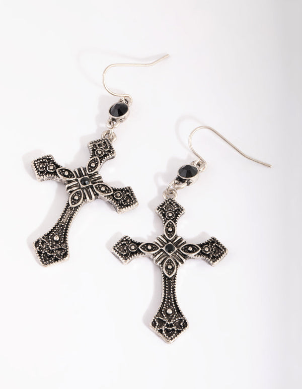 Burnished Silver Cross Drop Earrings