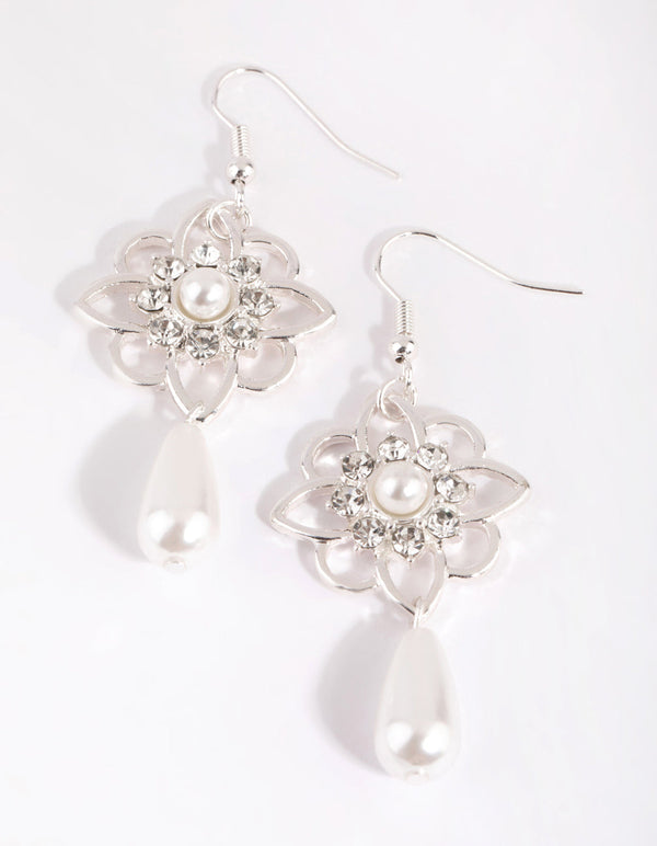 Silver Flower and Pearl Drop Earrings
