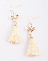 Cream Flower and Tassel Drop Earrings - link has visual effect only