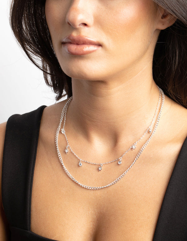 Silver Star and Diamante Layered Necklace