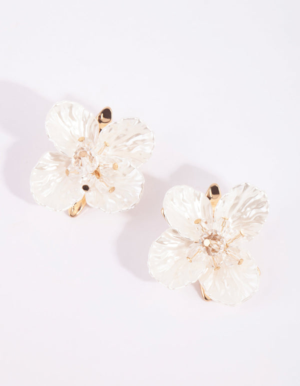 Gold Large Pearlised Flower Earrings