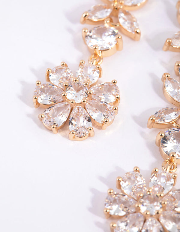 Gold Diamond Simulant Flower Drop Earrings