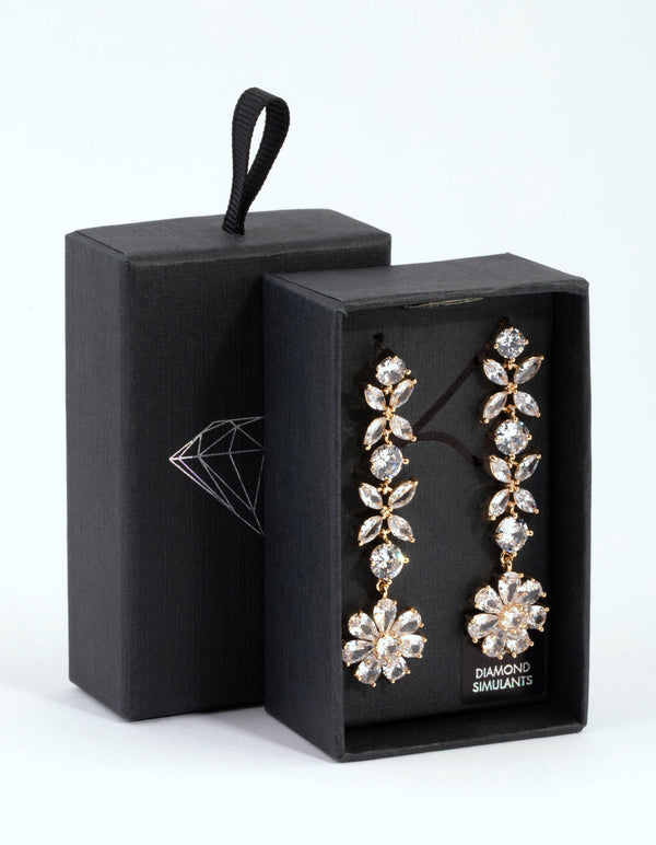 Gold Diamond Simulant Flower Drop Earrings