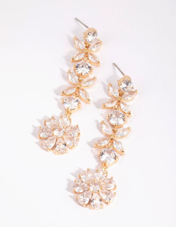 Gold Diamond Simulant Flower Drop Earrings