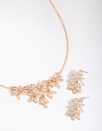 Gold Diamond Simulant Navette Flower Necklace and Earring Set - link has visual effect only