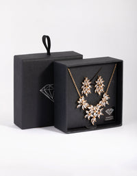 Gold Diamond Simulant Navette Flower Necklace and Earring Set - link has visual effect only