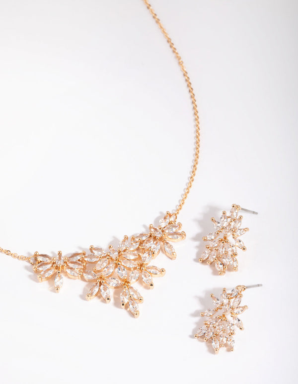 Gold Diamond Simulant Navette Flower Necklace and Earring Set