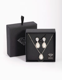 Rhodium Diamond Simulant Pearl Teardrop Necklace and Earring Set - link has visual effect only