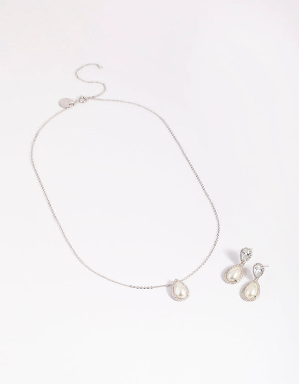 Rhodium Diamond Simulant Pearl Teardrop Necklace and Earring Set