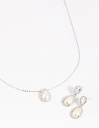 Rhodium Diamond Simulant Pearl Teardrop Necklace and Earring Set - link has visual effect only