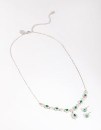Rhodium Emerald Diamond Simulant Necklace and Earring Set - link has visual effect only