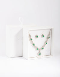 Rhodium Emerald Diamond Simulant Necklace and Earring Set - link has visual effect only