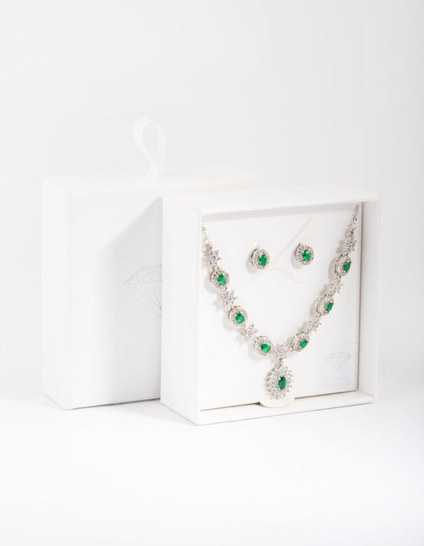 Rhodium Emerald Diamond Simulant Necklace and Earring Set