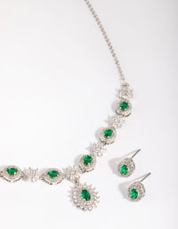 Rhodium Emerald Diamond Simulant Necklace and Earring Set - link has visual effect only