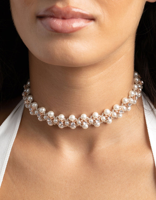 Rose Gold Diamante and Pearl Choker Necklace