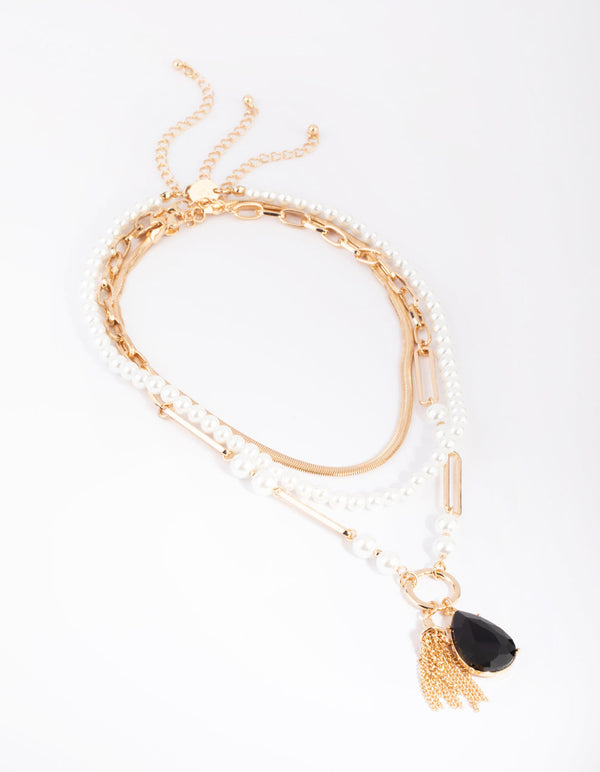 Gold Pearl and Tassel Layered Necklace