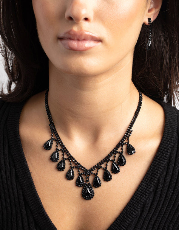Matte Black Teardrop Diamante Necklace and Earring Set