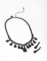 Matte Black Teardrop Diamante Necklace and Earring Set - link has visual effect only