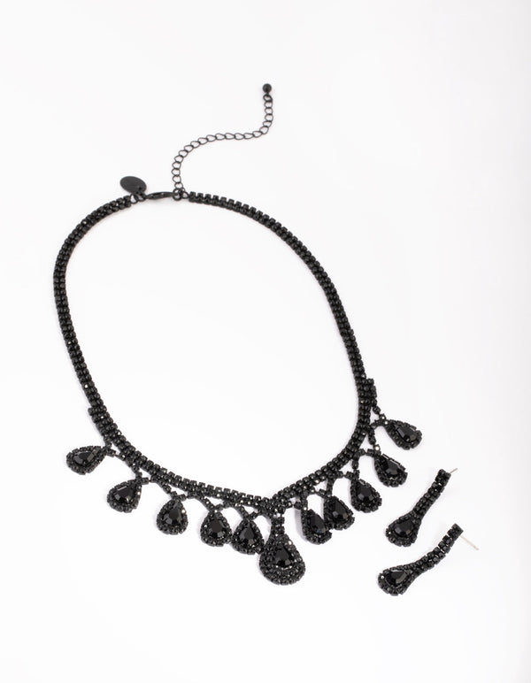 Matte Black Teardrop Diamante Necklace and Earring Set