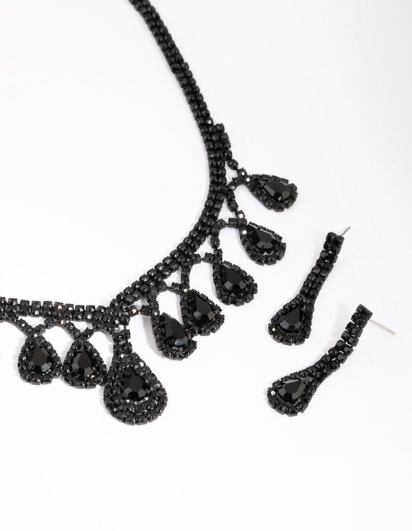 Matte Black Teardrop Diamante Necklace and Earring Set