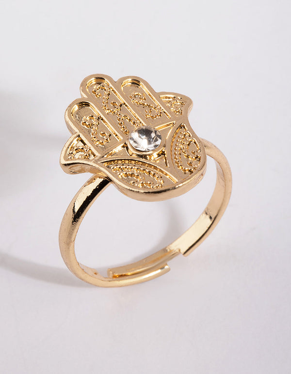 Gold Hamsa Ring with Diamantes
