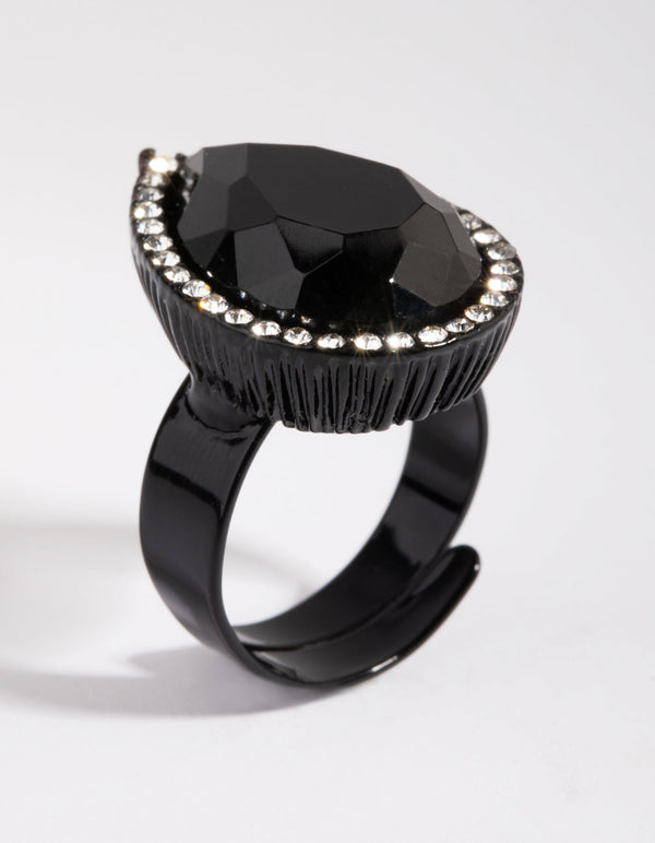 Matte Black Pear-Shaped Diamante Ring