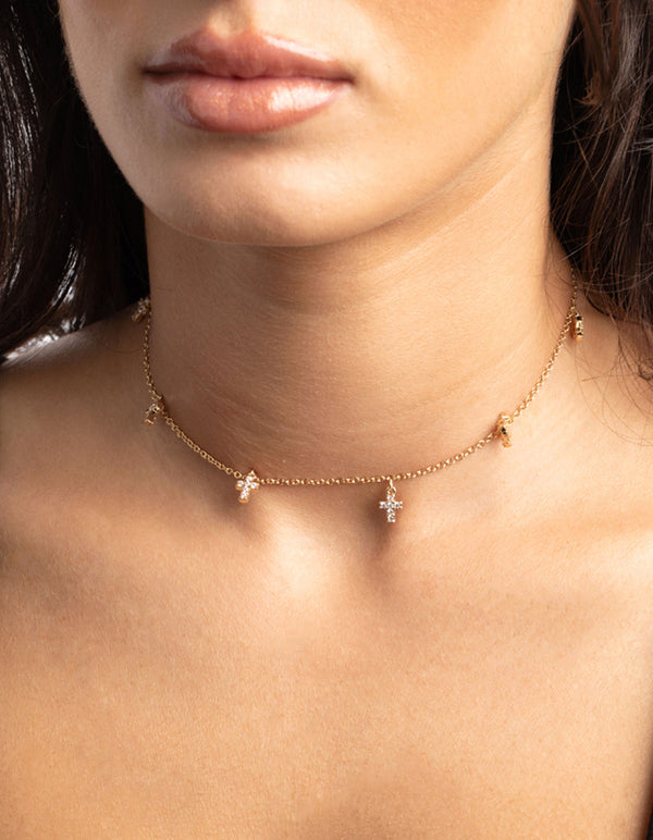 Gold Crystal Cross Choker Necklace