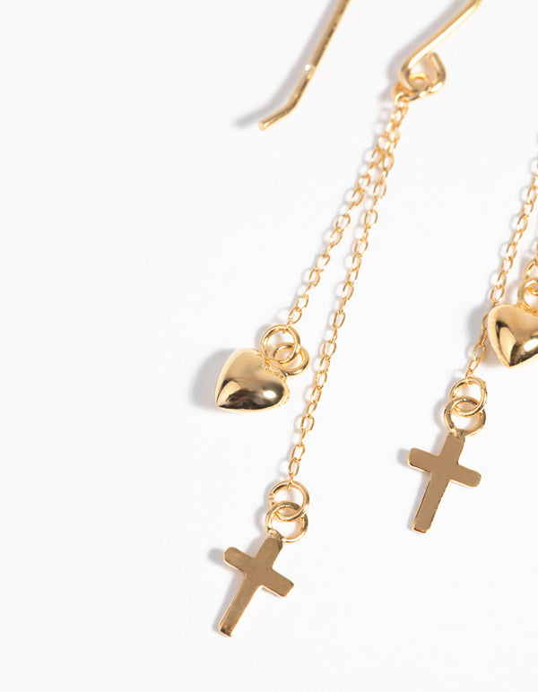 Gold Plated Sterling Silver Cross and Heart Earrings
