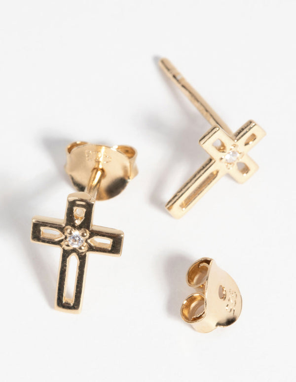 Gold Plated Sterling Silver Diamante Cross Stud Earrings