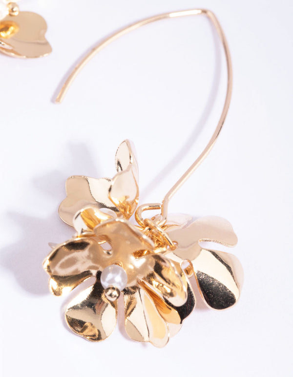 Gold Pearl and Flower Drop Earrings