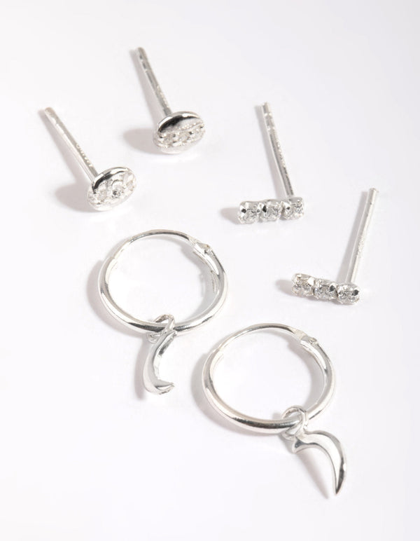 Sterling Silver Moon Diamante Stud and Hoop Earring Pack