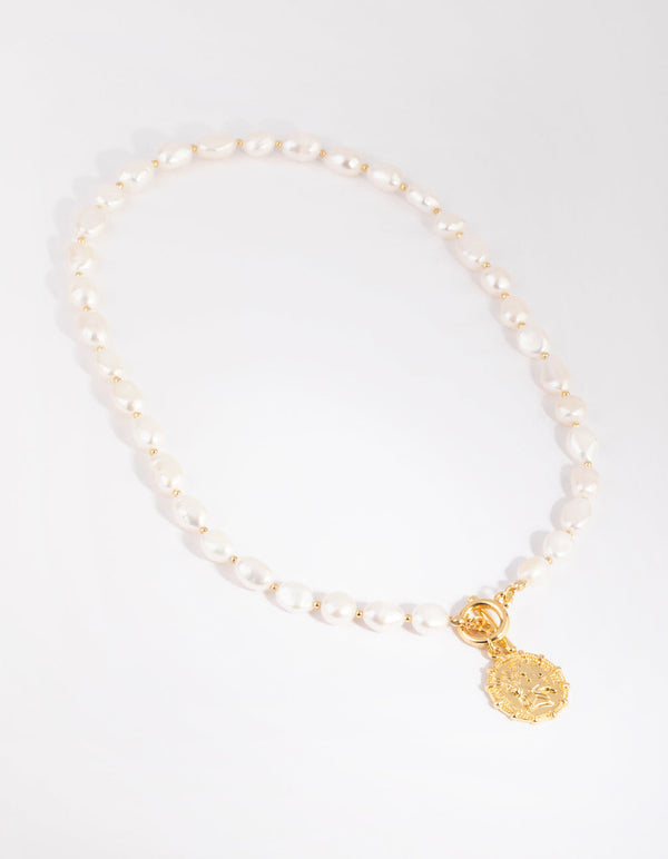 Gold Plated Coin and Fob Necklace with Freshwater Pearl