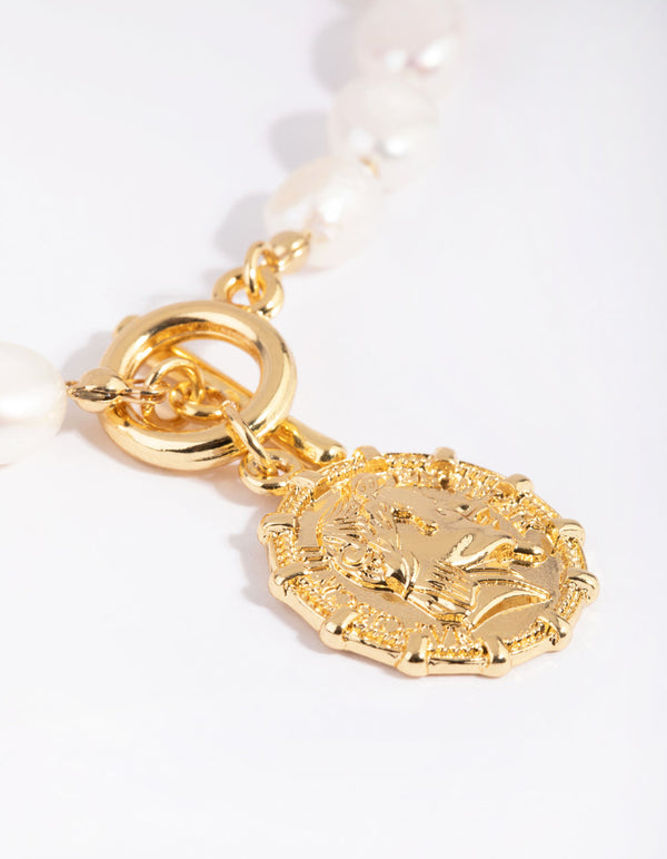 Gold Plated Coin and Fob Necklace with Freshwater Pearl
