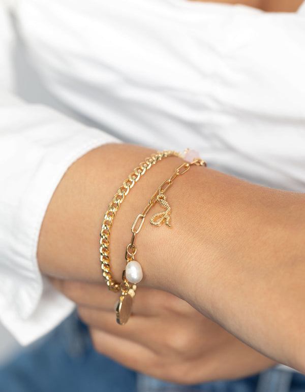 Gold Plated Bracelet Set with Rose Quartz Charms